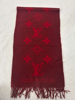 Louis Vuitton Red and Dark Brown Monogram Wool Scarf